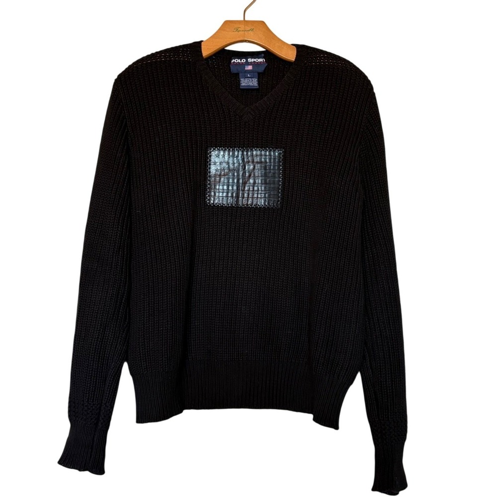 Y2K Polo Sport Ralph Lauren Black V-Neck Ribbed Cotton Sweater Leather Flag L